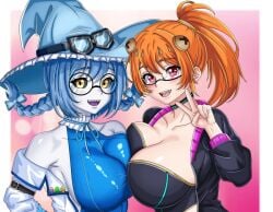 2025 2girls bare_shoulders black_sclera blue_hair breasts_squeezed_together choker cleavage female female_only glasses goggles_on_headwear indie_virtual_youtuber labcoat lace_choker large_breasts latex_leotard leotard orange_hair red_eyes round_glasses saincisco saincisco_(artist) self_insert sharp side_ponytail socks_agency twintails v virtual_youtuber vtuber white_body white_skin witch_hat yellow_eyes yomi_quinnley