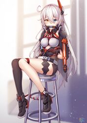 artist_request bondage chair crotch_rope gag heterochromia honkai_impact_3rd kiana_kaslana kiana_kaslana_(void_drifter) void_drifter white_hair