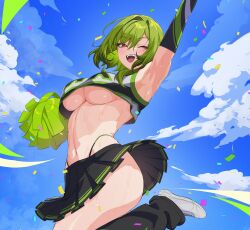 absurdres arm_up armpit_sweat armpits arms_up ass august_anomaly black_skirt breasts cheerleader cloud commentary confetti english_commentary female green_hair highres hips indie_virtual_youtuber large_breasts midriff miniskirt navel notcy4n one_eye_closed open_mouth pleated_skirt pom_pom_(cheerleading) red_eyes second-party_source shoes skirt sky smile solo stomach sweat teeth thighs underboob upper_teeth_only virtual_youtuber white_shoes