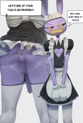 absurd_res anthro anus balls bunny_boy butt clothed clothing crossdressing embarrassed english_text genitals glitch_productions hi_res jax_(tadc) jax_(the_amazing_digital_circus) lagomorph leporid maid_uniform male mammal penis purple_body rabbit solo solomonbnuy spread_butt spreading standing text the_amazing_digital_circus uniform yellow_sclera