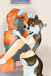 against_surface against_wall anthro anus ass athletic athletic_male bathroom blue_eyes bodily_fluids brown_body brown_fur canid canine canis cheek_tuft cum cum_inside dominant dominant_male duo eye_contact facial_tuft female fluffy fluffy_tail fur furry genital_fluids genitals grey_body grey_fur hand_on_back hand_on_chest hand_on_leg hand_on_thigh highres inner_ear_fluff leg_grab looking_at_another male mammal maverick_(panininha) muscular muscular_male one_eye_closed orange_body orange_fur orgasm panini_(panininha) panininha penis pussy raised_leg romantic romantic_couple romantic_sex sex shower shower_sex showering size_difference smaller_female smile straight submissive submissive_female testicles thigh_grab tuft vaginal_penetration white_fur window wink wolf yellow_eyes