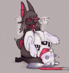 3_toes ambiguous_fluids anthro bat digitigrade duo facial_piercing feet hair hand_holding hi_res lagomorph leaf-nosed_bat leporid long_hair long_tongue mammal microbat miii_cho nose_piercing nose_ring null null_penetrated oral paws piercing pseudo_(suto) rabbit ring_piercing scarf scruffy slaughterhouse_(suto) tired tired_eyes toes tongue tongue_in_null tongue_out upside-down vampire_bat yangochiropteran