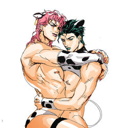 2boys ashva bound_together boy_cow cow_boy cow_print cow_tail dio_brando gay jojo's_bizarre_adventure jotaro_kujo lipstick male_focus male_nipples male_only muscular muscular_male nipple_piercing pierced_nipples piercing pink_eyes pink_hair stardust_crusaders white_background yaoi