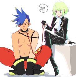 2boys androgynous clothed clothing collar dialogue dominant domination femboy femboydom fully_clothed galo_thymos gay leash leash_and_collar lio_fotia petite petite_body petite_male promare questionable size_difference slim slim_male slim_waist smaller_dominant suggestive text twink yaoi