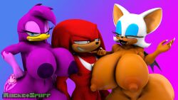 3d 3d_(artwork) absurd_res annoyed anthro ass avian barely_visible_genitalia barely_visible_vulva bat big_breasts big_butt bird breast_size_difference breasts butt_size_difference butt_tattoo claws echidna eye_contact eyebrows female furrowed_brow genitals group half-closed_eyes hand_on_hip head_tuft hi_res hirundinid huge_breasts huge_butt knuckles_the_echidna lips looking_at_another looking_at_viewer male mammal membrane_(anatomy) membranous_wings monotreme narrowed_eyes nude nude_female nude_male oscine passerine raised_eyebrow rocketspuff rouge_the_bat seductive sega smug_grin sonic_(series) sonic_riders sonic_the_hedgehog_(series) swallow_(bird) tattoo thick_lips thick_thighs trio tuft vulva wave_the_swallow wings
