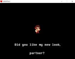 1girls big_ass big_breasts big_butt big_thighs bikini black_background brown_hair chara charalover338_(artist) computer_window english english_text pixel_art red_bikini short_hair showing_off talking_to_viewer undertale v_bikini
