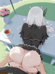 1boy 2025 ai_assisted ai_generated anime anime_girl anime_style anus artist_name ass ass_focus ass_grab bent_over black_capelet black_dress butterfly_hair_ornament capelet clothed_sex cup doggy_style dress dress_lift echidna_(re:zero) facing_away female flower from_behind grass hair_ornament hi_res high_quality high_res high_resolution highres huge_ass long_hair long_sleeves no_panties patreon patreon_username pov re:zero_kara_hajimeru_isekai_seikatsu rinkoai sex sex_from_behind solo_focus straight table tea teacup thighhighs uncensored vaginal_penetration watermark white_hair