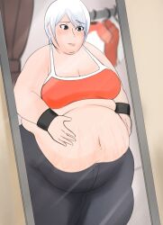 another_code ashley_mizuki_robbins big_belly black_legwear bracelets chriswithnoname cing fat grabbing_own_belly large_breasts mirror nintendo overweight short_hair stretch_marks tank_top thick_thighs trace_memory weight_gain white_hair