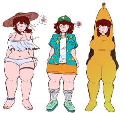 auburn_hair banana_costume big_breasts breasts chubby_female different_outfits dumb_girl friday_night_funkin friday_night_funkin_mod funny girlfriend_(friday_night_funkin) huge_breasts korean_nooby_(artist) massacre_girlfriend_(friday_night_funkin) millie_(mistful_crimson_morning) mistful_crimson_morning multiple_outfits oc reference_sheet thick_thighs wide_hips