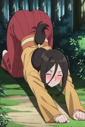 ai_generated blush brown_hair butt_in_air cat_stretch closed_eyes forest_background hair_tied hanabi_hyuuga long_hair naruto_(series) on_hands_and_knees sfw stretching