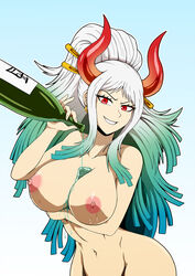 1girls alcohol areolae big_breasts blue_hair bottle breasts brown_eyes curvy ear_piercing earrings female female_focus female_only gradient_hair hair_ornament hi_res highres hoop_earrings horned_humanoid horns huge_breasts humanoid light-skinned_female light_skin long_hair looking_at_viewer multicolored_hair navel nipples nude one_piece oni oni_horns pouring_on_breasts pouring_on_self red_eyes simple_background smirk solo two_tone_background two_tone_hair voluptuous white_hair wide_hips yamato_(one_piece) ydraw4fun youkai