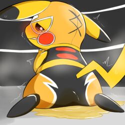 1:1 ambiguous_gender anthro black_body black_fur blush bodily_fluids clothed clothing cosplay_pikachu cosplay_pikachu_(character) cosplay_pikachu_(costume) dipstick_ears fighting_ring fully_clothed fur genital_fluids hi_res long_ears looking_back milklemon5127 multicolored_ears nintendo peeing pikachu pikachu_libre pokémon_(species) pokemon sad semi-anthro shaking solo tears trembling urine urine_pool video_games wet wet_clothing wetting yellow_body yellow_fur