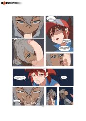 1boy 1girls 2020s 2023 ahe_gao blue_eyes blue_topwear blush brown_eyes cap clothing comic duo english_text erection eyebrows_visible_through_hair fellatio female front_view genitals grey_hair gulp hair half-closed_eyes hat headgear headwear hi_res inconsistent inconsistent_artist kneeling light-skinned_female light-skinned_male light_skin long_hair love male manga one_eye_closed open_mouth oral penile penis red_hair sex sexual_stimulation side_view smolevn snapback spurt spurting_sound_effect standing teenage_boy teenage_girl teenagers text tomboys two_tone_headwear two_tone_topwear two_tone_topwear_(redandwhite) worm's-eye_view