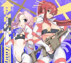 2girls bandeau blue_eyes blush breasts cosplay darry_adai elbow_gloves flat_chest gainax gloves gun large_breasts long_hair midriff multiple_girls navel open_mouth pink_hair ponytail red_hair rifle space_yoko star tengen_toppa_gurren_lagann tied_hair tubetop u_(the_unko) underboob weapon yellow_eyes yoko_littner yoko_littner_(cosplay)