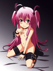 angel_beats! ankle_lace-up belt censored choker convenient_censoring cross cross-laced_footwear cuffs handcuffs long_hair nude pink_eyes pink_hair short_twintails sitting slave solo tear thigh_strap tied_hair twintails wariza wavy_mouth yu_(a1026y) yui_(angel_beats!)