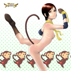 action_pose ass boots breasts brown_eyes brown_fur brown_hair eileen elbow_pads female female_focus fingerless gloves human leg_up logo looking_aside looking_at_viewer monkey mostly_nude nipples nude outline pale_skin pattern_background raised_tail scarf sega short_hair side_view small_breasts solo_focus tagme tail toony virtua_fighter