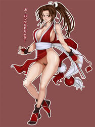 bare_shoulders blush breasts brown_eyes brown_hair bula cleavage fan fatal_fury female female_only fingerless_gloves gloves human japanese_clothes king_of_fighters large_breasts mai_shiranui no_panties ponytail pubic_hair side_slit solo tabi tied_hair