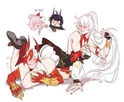 ass ass_focus big_ass blush choking choking_with_thighs claws clothed clothes clothing crush crushing dress fat_ass female female_focus female_only fu_hua fu_hua_(fenghuang_of_vicissitude) honkai_(series) honkai_impact_3rd hoyoverse kiana_kaslana long_hair lycanheiress raiden_mei short_skirt thick_ass thick_thighs thigh_crush thighs trans_woman transfem white_hair yuri