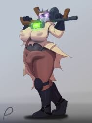 1futa 1girls 2016 bandage bandages big_bandit_(nuclear_throne) big_breasts black_body black_skin boots breasts brown_clothing clothed clothing commission female futanari gloves glowing glowing_eyes gun hi_res intersex large_breasts mask masked masked_female nipples_visible_through_clothing nuclear_throne peculiart purple_eyes radiation raised_arm ranged_weapon rule_63 thick_thighs thighs