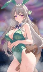 1boy 1girl alternate_costume bare_shoulders belly_button big_breasts blurry_background blush breasts bunny_ears bunny_tail bunnysuit censored collar dark-skinned_male dark_skin detached_collar female female_focus firefly_(honkai:_star_rail) fit_female from_behind from_behind_position green_bunnysuit grey_hair hair_ornament hand_on_hip headband heavenly_ass hetero high_resolution highres honkai:_star_rail honkai_(series) hoyoverse imminent_sex large_breasts light-skinned_female light_skin long_hair looking_at_viewer male male/female mihoyo mosaic_censoring penis purple_eyes slim_waist standing steam straight sweat sweating thick_thighs thighs welo