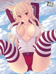 animal_ears ass blonde_hair blush breasts buruma cameltoe cleavage from_below looking_at_viewer open_clothes open_track_jacket red_eyes striped_legwear tagme thighhighs thighs tiffy tiffynyaa track_jacket