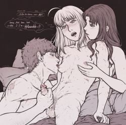 1boy 2girls abs artoria_pendragon balls bisexual bisexual_female bite_mark blush breasts cum cum_on_face cum_on_hand dialogue ejaculation emiya_shirou erection fate/stay_night fate_(series) ffm_threesome freckles futanari hand_on_breast handjob human licking_nipples liqdra muscular_female naked nipples open_mouth orgasm penis pubic_hair saber scars sweat threesome tohsaka_rin