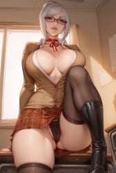 1girls acw ai_generated ass barely_contained barely_contained_breasts boots breasts brown_eyes cameltoe cardigan classroom curvy female glasses grey_hair hair_bun huge_breasts indoors labia light-skinned_female light_skin looking_at_viewer panties parted_lips partially_visible_vulva plaid_skirt pleated_skirt prison_school pussy ribbon_choker school school_uniform shiraki_meiko shirt short_hair single_hair_bun sitting skirt smile solo solo_female thighhighs upskirt voluptuous