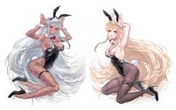 2d 2d_(artwork) 2d_artwork 2elves 2girls arms_up black_leotard bunny_costume bunny_ears bunny_girl bunny_tail bunnygirl bunnysuit dark-skinned_female dark_elf dark_skin dark_skinned_female detached_cuffs elf elf_ears elf_female elf_girl fishnet_legwear fishnets high_heels leotard long_hair looking_at_viewer pale-skinned_female pale_skin pale_skinned_female playboy_bunny pointy_ears rosalinde rosalinde_(unicorn_overlord) tuki42ii unicorn_overlord