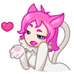 animated blowing_kiss bouncing_breasts cat_ears cat_girl cat_humanoid cat_tail chest_tuft floating_heart gif kissing looking_at_viewer narrowed_eyes nekochan_(telegram) not_porn official_art pawpads paws pink_hair pink_inner_ear pink_lipstick purple_eyes sfw short_hair tagme_(artist) telegram unknown_artist white_suit wink