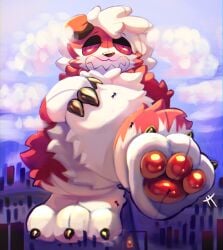 absurd_res after_transformation anthro big_feet cheek_tuft city city_background city_crushing cloud facial_tuft feet fluffy generation_7_pokemon group hi_res latexm4n lycanroc macro macro_anthro male micro neck_tuft nintendo pawpads plushie pokemon pokemon_(species) sky step_pose tuft