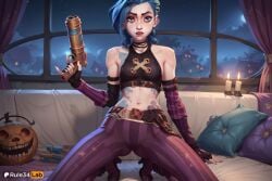 , 1girls ai_generated arcane artist_name bare_shoulders belt blue_eyes blue_hair braid breasts candle collarbone crop_top detached_sleeves fingerless_gloves gloves gun hi_res holding holding_gun holding_weapon indoors jinx_(league_of_legends) league_of_legends long_hair looking_at_viewer midriff moon nail_polish navel netflix night pants pillow riot_games rule34lab small_breasts solo spread_legs stomach stomach_tattoo striped_clothes striped_pants tattoo twin_braids weapon window