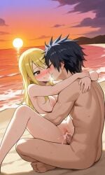 ai_generated beach blush cum_dripping_out_of_pussy fairy_tail gray_fullbuster heart lucy_heartfilia pixai public_nudity vaginal_sex