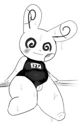 2021 anthro black_and_white blush blush_lines cleft_of_venus clothing clothing_aside darky03 female genitals hi_res monochrome nintendo nub_feet number one-piece_swimsuit pokémon_(species) pokemon pussy solo spinda spiral_eyes spots spotted_body swimwear swimwear_aside symbol-shaped_eyes thick_thighs video_games wet