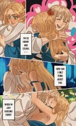 2girls arms_around_partner blonde_hair blue_robe blush braided_hair breast_grab breast_press breasts cleavage closed_eyes color comic delicious_in_dungeon dungeon_meshi elf_ears elf_female embrace english_text falin_touden fanon_couple fantasizing forest green_eyes hair_ornament hair_ribbon half-elf heart highres imagining imminent_sex inner_sideboob kissing lighting long_hair looking_pleasured lying lying_on_back marcille_donato miloras open_clothes outdoor_sex outdoors partially_clothed pointy_ears robe romantic romantic_couple shirt side_view sideboob smile symmetrical_docking undressing undressing_another unseen_female_face very_long_hair white_shirt wholesome yuri