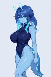 ai ai_generated antenna antennae beautiful belly belly_button bioluminescence blue_skin busty busty_female child_bearing_hips curvaceous curvy cute_face exaggerated_curves facial_mark female female female_focus female_only freckles gentle_facial_features grey_skin hourglass_figure leotard messy_hair monster_girl moyo_(rimworld) revealing_outfit rimworld seductive slug_girl smile tail thick thick_ass thick_thighs tight_clothes tight_outfit voluptuous wide_hips