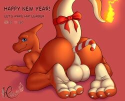 anal anal_sex anus ass ass_up balls candy candy_cane candy_cane_in_ass charmeleon christmas dessert feet fire food foot_focus generation_1_pokemon genitals hi_res holidays looking_at_viewer lying male meleon meleon_(character) nintendo paws penetration perineum pokemon pokemon_(species) presenting presenting_hindquarters solo toes