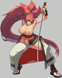 amputee arc_system_works armpits baiken belt big_hair black_footwear boots breasts clenched_teeth clothing cross-laced_footwear edit edited edited_official_artwork eyepatch facial_tattoo female female_only footwear full_body grey_background guilty_gear guilty_gear_strive holding holding_object holding_sword holding_weapon katana kimono large_breasts long_hair looking_at_viewer missing_eye multicolored_clothes muscle muscular_female nipples nude_filter obi open_kimono pink_hair ponytail red_eyes ryusentzumi samurai sandals sash scabbard scar scar_across_eye scar_on_face simple_background solo sword tattoo thighs third-party_edit tied_hair toeless_footwear toes topless traditional_clothes vagina very_long_hair wafuku weapon white_kimono