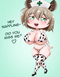 big_ass big_breasts bikini cow_bikini cow_print green_eyes nimi_nightmare nurse short_stack shortstack solo_female thick_thighs thigh_socks tummy virtual_youtuber vtuber vtuberfanart webzsticky