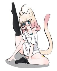 anonymous_artist blonde_hair blue_eyes blush cat_ears cat_tail glasses indie_virtual_youtuber minikomew nipple_pasties pasties saliva_trail thighhighs virtual_youtuber