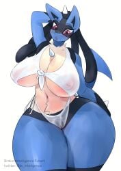 anthro areola b_inteligence big_breasts bikini blush breasts chest_spike clothing female female_lucario generation_4_pokemon genitals hi_res huge_breasts huge_thighs lucario multicolored_body navel nintendo nipples open_mouth pink_areola pink_nipples pokemon pokemon_(species) pussy red_eyes solo spikes spikes_(anatomy) swimwear thick_thighs translucent translucent_clothing two-piece_swimsuit wide_hips