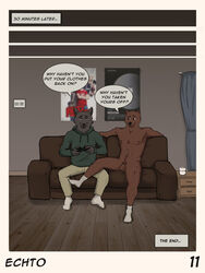 3:4 after_sex anthro canid canine canis casual_exposure casual_nudity clothed clothed/nude clothed_male_nude_male clothing comic dialogue duo echto english_text flaccid footwear footwear_only foreskin furniture gaming genitals hi_res hoodie humanoid_genitalia humanoid_penis male male/male mammal mostly_nude nude penis pubes socks socks_only sofa text topwear ursid wolf