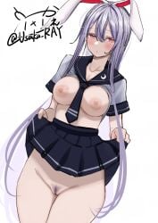 alternate_costume animal_ears black_necktie black_sailor_collar black_skirt blush breasts clothes_lift colored_pubic_hair commentary_request cowboy_shot dutch_angle female female_pubic_hair highres large_breasts long_hair looking_at_viewer necktie nipples open_mouth pleated_skirt pubic_hair purple_hair purple_pubic_hair pussy rabbit_ears rabbit_girl red_eyes reisen_udongein_inaba sailor_collar school_uniform serafuku shirt short_sleeves signature simple_background skirt skirt_lift solo touhou uncensored usaka_ray very_long_hair white_background white_shirt