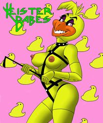 animatronic avian beak bondage_gear chica_(fnaf) erect_nipples eyelashes female five_nights_at_freddy's furry large_breasts nude peeps pink_eyes sharp_teeth solo spiked_collar switch toonytease yellow_feathers