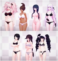 asahina_aoi bangs beauty_mark big_breasts black_gloves black_hair bra braided_hair breasts brown_hair celestia_ludenberg danganronpa dark-skinned_female dark_hair freckles freckles_on_chest freckles_on_face freckles_on_thighs fukawa_touko glasses gloves junko_enoshima kirigiri_kyouko koikatsu light-skinned_female long_hair maizono_sayaka medium_breasts mole mukuro_ikusaba multiple_girls panties pompadorkz ponytail purple_hair short_hair tattoo twintails underwear underwear_only