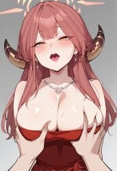 1boy 1girls ai_generated amber_eyes aru_(blue_archive) big_breasts blue_archive blush breasts dress female female_focus grabbing_breasts horns large_breasts long_hair looking_pleasured nervous pink_hair