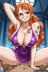 1girl1boy ai_generated arm_behind_head big_breasts big_smile cowgirl_position cum cum_in_pussy cum_inside dress earrings evil_grin evil_smile female huge_breasts indoors_sex long_hair looking_at_partner looking_at_viewer motion_lines nami nami_(one_piece) omega_weirdo one_piece orange_eyes orange_hair patreon pov seductive_smile sex smiling smiling_at_viewer straddling tattoo tattooed_arm