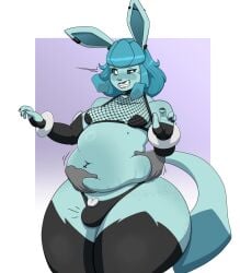 anthro bulge casper_(cobaltkilter) clothing cobaltkilter ear_piercing eeveelution femboy fishnet_clothing generation_4_pokemon generation_5_pokemon glaceon gothitelle groping_belly hi_res hybrid male nintendo piercing pokemon pokemon_(species) slightly_chubby slightly_chubby_male solo