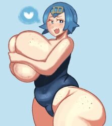 1girls aged_up alternate_breast_size bify big_ass big_breasts big_butt blush covered_nipples covering_breasts female_only flesh_fang freckles freckles_on_ass freckles_on_breasts freckles_on_thighs hands_covering_breasts heart heart-shaped_pupils lana_(pokemon) large_breasts looking_at_viewer oerba_yun_fang one-piece_swimsuit pokemon pokemon_sm school_swimsuit