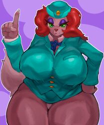 anthro big_breasts bottomless breasts canid canine canis clothed clothing domestic_dog eyeshadow female genitals green_eyes hair hand_on_hip hat headgear headwear hi_res makeup mammal pussy red_hair shiroepsilon solo tail thick_thighs