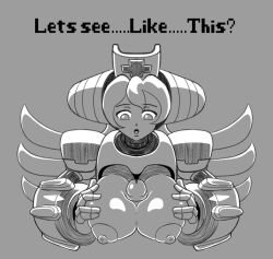 big_breasts breasts breasts_out cinnamon_gaudille mega_man mega_man_x mega_man_x_dive nipples paizuri reploid robot_girl text